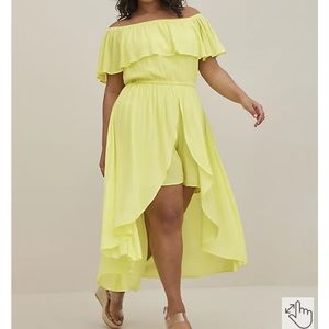Bright yellow off shoulder wall thru jumper dress!